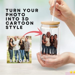 Family Photo Personalized Gift Personalized Frosted Glass Sipper Glass Tumbler with Straw 3D Cartoon Portrait from Photo Custom Mug Tumbler