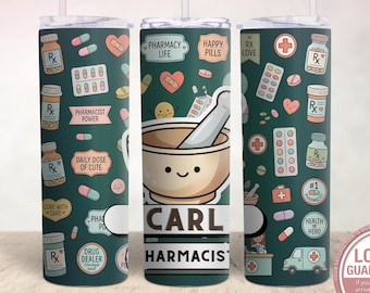 May include: A teal 20 oz stainless steel tumbler with a white lid and straw. The tumbler is covered in pharmacy-themed stickers, including pills, Rx bottles, and a mortar and pestle. The name "CARL" is printed on the tumbler.