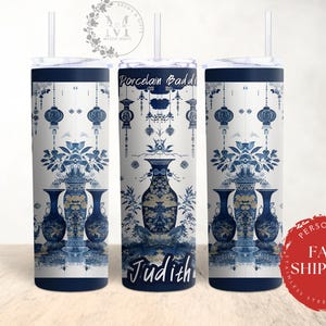 Personalized Tumbler Chinoiserie Porcelain Inspired Tumbler Cup Skinny Tumblers Chinoiserie Custom Gifts for Her Birthday Name Tumbler Mug