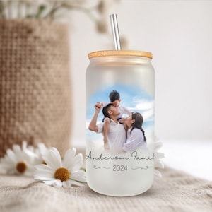 Custom Mug Frosted Glass Family Photo Name Gift Family Face Tumbler Glass Mom Gift for Dad Fathers Day Mug Glass Unique Gift Idea Photo Gift