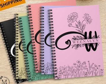 Personalized Notebook Journal  Monogram Notebook Custom Notebook Flowers Print Notebook Spiral Custom Daily Planner Initial Notebook