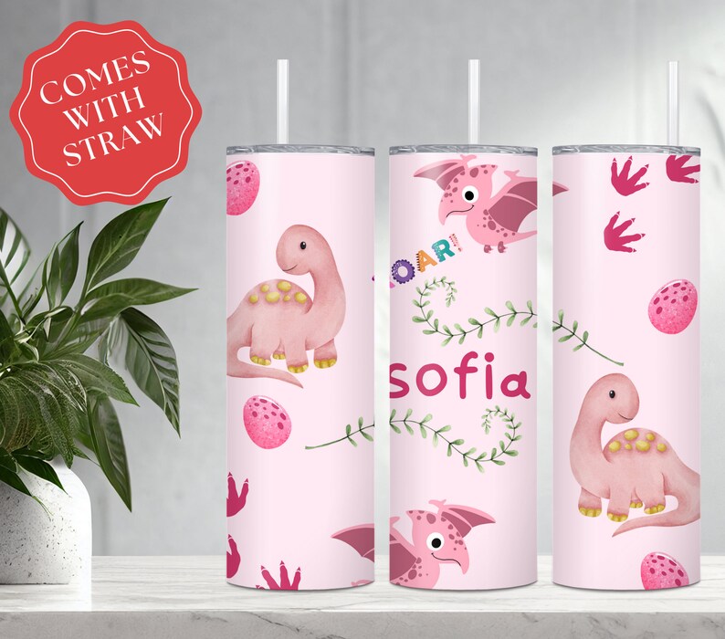 JSTEL Cute Dino Dinosaur Birthday 40 Oz Tumbler Stainless Steel Water Bottle Vacuum Insulated Cup With Straw Lid Handle For Travel Car Cup Holder