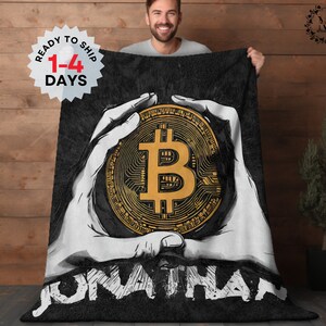 Bitcoin Hand Gift Personalized Blanket Crypto Currencies Investor Online Throw Blanket Couch Day Trader Custom Blankets Cryptocurrency Gift