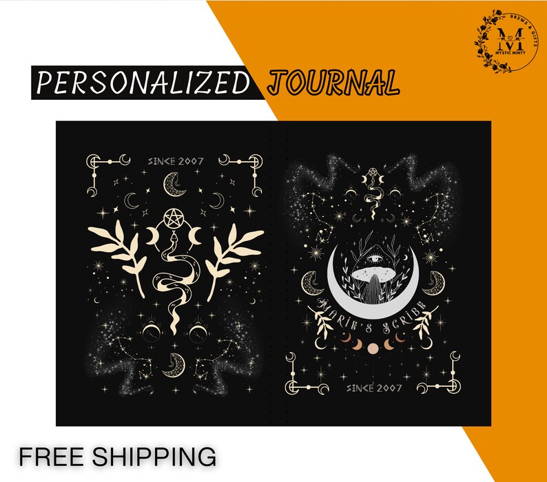 以下が含まれることがあります： 黒い表紙に、蛇、月、星、そして「Marie's Grimoire」と「Since 2007」の文字が金色のイラストで描かれた、パーソナライズされたジャーナルです。
