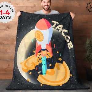 Custom Blankets Gift Rocket Blanket Bitcoin Cryptocurrency Gift Personalized Blanket and Throw Blanket Couch Day Trader Custom Name Blanket
