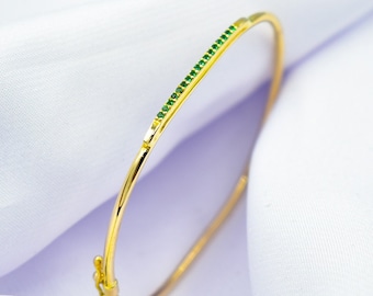 14K Gold Pave Bar Bracelet,Green Zircon Gold Everyday Bracelet,Ladies Dainty Line Bracelet,Stacking Minimal Bracelet Gift for Mom & Her