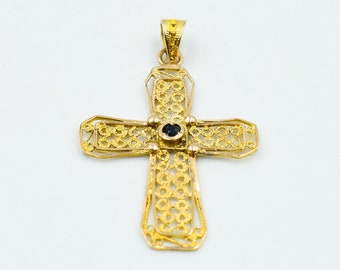14K Gold Cross,Sapphire hire Gold Cross ,Byzantine Jewelry,Handcrafted Pendant,Spiritual Religious Accessories,Orthodox Byzantine Style