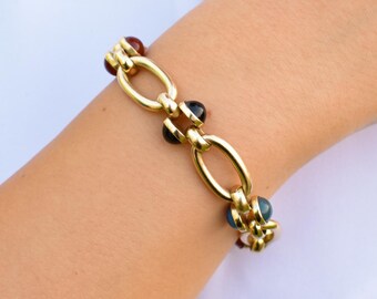 14K Solid Gold Thick Chain Bracelet,Statement Bracelet,Charm Bracelet,Natural Stone Bracelet,Gemstone Bracelet, Forever Unique Gift for Her