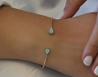 14K Gold Evil Eye Bangle Bracelet,Turquoise Bangle,Zircon Bangle Bracelet,Adjustable Bracelet,Gift for Her,Dainty Bracelet for Mom & Her