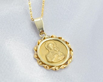 14K Solid Gold Orthodox Mary and Jesus,Greek Constantine Necklace,Medallion Necklace,Ancient Coin Pendant,Cristian Necklace,Dainty Pendant