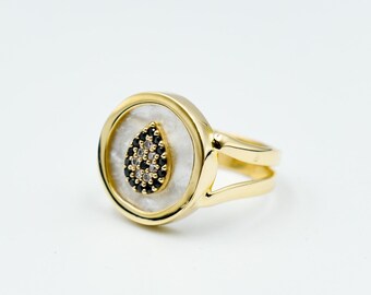14K Solid Gold Handmade Ring,14K Mother Of Pearl Ring,Gold Band Ring,Zircon Ring,Elegant Ring,Unique Libellia Gold Ring,Drop Ring for Her