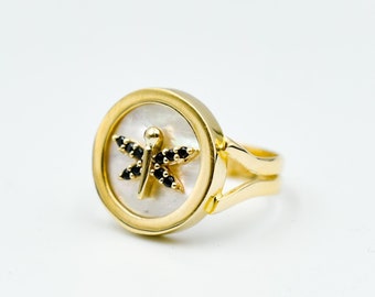 14K Solid Gold Handmade Ring, Dragonfly Mother Of Pearl Ring,Gold Band Ring,Zircon Ring,Elegant Ring,Unique Libellia Ring,Gold Ring for Her