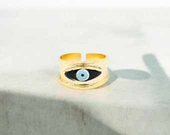 14K Gold Solid Evil Eye Black Ring - Elegant Evil Eye Jewelry for Protection and Style,Fashion Statement Ring,Unique Birthstone,Gift for Her