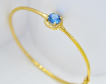 14K Gold Blue Zircon Bangle, Thin Gold Bracelet, Dainty Zircon Bracelet, Minimalist Gemstone Bangle, Gift for Her, Custom Gem Bangle
