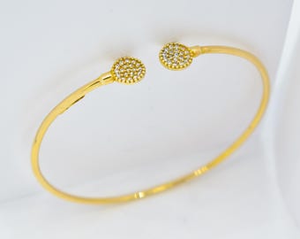 14K Solid Gold Open Bangle Bracelet Zircon or Diamond,Custom Fit Cuff Bracelet,Elegant Handmade Gold Jewellery,Gift for Her,Gift for Mom