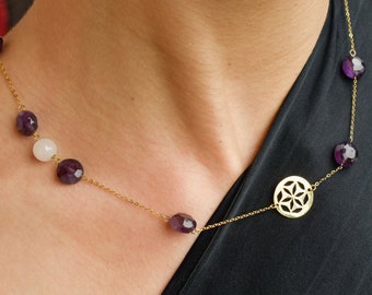 14K Gold Amethyst Necklace Flower,Gold Pendant,Natural Amethyst Necklace,Gift for Graduation & Engagement,Classy Minimal Design
