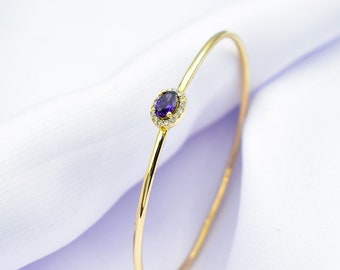 14K Gold Bangle Bracelet,Amethyst,Gold Zircon Bracelet,Dainty Bangle Bracelet in Gold,Perfect Gift for Mom and Her,Minimalist Cuff Bracelet