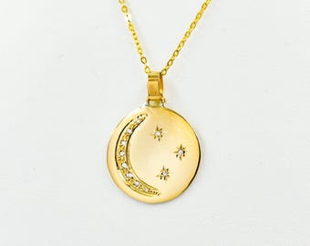 18K Diamond Pendant,18K Pendant Engraved Moon and Star with Sparkling Diamond,Wedding & Engagement Necklace,18K Charm Diamonds, Gift for Her