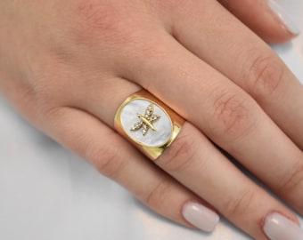 14K Elegant Solid Gold Ring,Dragonfly Mother Of Pearl Ring,Gold Zircon Ring,Unique Libellia Ring,Handmade Gold Ring for Mom and Her