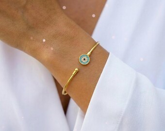 14K Gold Bangle Bracelet,14K Evil Eye Bangle Turquoise,Dainty Bracelet,Turquoise Gold Eye Bangle,Zircon Bangle Bracelet,Gold Cuff Bangle