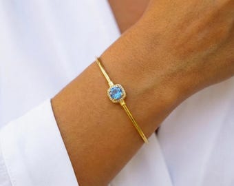14K Gold Blue Zircon Bangle, Thin Gold Bracelet, Dainty Zircon Bracelet, Minimalist Gemstone Bangle, Gift for Her, Custom Gem Bangle