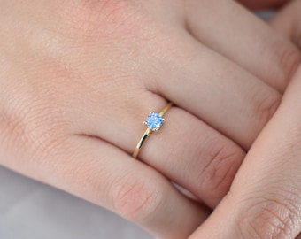 14K Solid Gold Thin Minimalist Ring–Light Blue Zircon, Stackable Jewellery Gold Ring,14k Gold Band,Wedding & Engagement Ring for Her