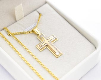14K Solid Gold Cross Pendant with White Gold Detail and Cubic Zirconia – Elegant Religious Necklace for Men & Women