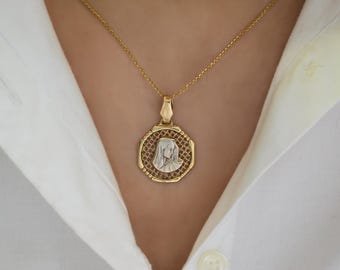 14K Solid Gold Orthodox Mary and Jesus,Greek Constantine Necklace,Medallion Necklace,Ancient Coin Pendant,Cristian Necklace,Dainty Pendant