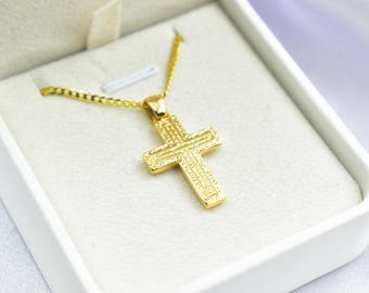 Reversible 14K Solid Gold Cross Pendant | Polished Front & Satin Brushed Back | Classic Orthodox Necklace | Men’s and Women’s Baptism Gift