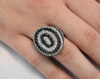 14K Solid White Gold Ring,White and Black Zircon,Wedding & Engagement Ring,Statement Ring,Ring for Mom and Her