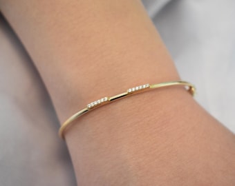 14K Gold Pave Bar Bracelet,Real Solid Gold Everyday Bracelet Women,Wedding & Engagement Dainty Line Bracelet,Stacking Bracelet Gift for Her