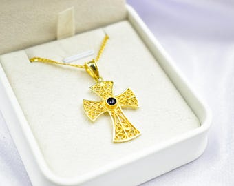 Byzantine 14K Gold Cross with Natural Sapphire | Handmade Filigree Orthodox Pendant | Baptism Gift | Unisex Necklace with Optional 14K Chain