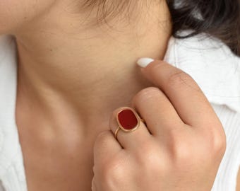14K Solid Gold Oval Red Enamel Ring,Colour Modern Ring,Unisex Jewelry,Polished Finish,Fashion Jewelry,Versatile Style,Gift for Him & Her