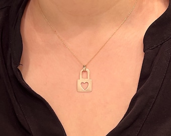 14K Solid Gold Padlock Pendant,Gold Heart Pendant,Gold Lock Necklace,Padlock Charm Necklace,Lock Key Pendant,Love Key Pendant,Love Pendant