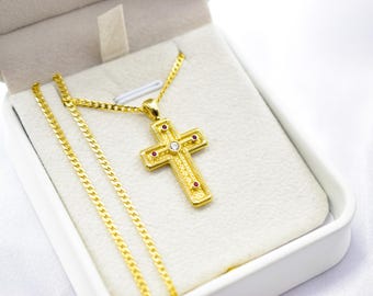 14K Gold Orthodox Cross Pendant with Red & White Zircons | Double-Sided Design,Handmade Religious Jewellery | Baptism Gift Ready, 14K Chain