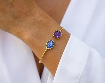 14K Gold Bracelet Amethyst,Dainty Natural Amethyst Bangle Bracelet,Custom Gold Bangle,Graduation Gift for Her,Wedding & Engagement Gift