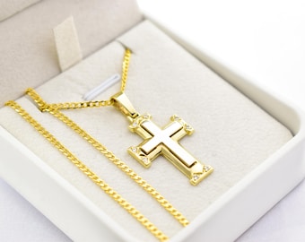 14K Gold Cross Pendant with Cubic Zirconia – Solid Gold Religious Necklace for Men & Women, Elegant Baptism Gift, Christian Jewelry