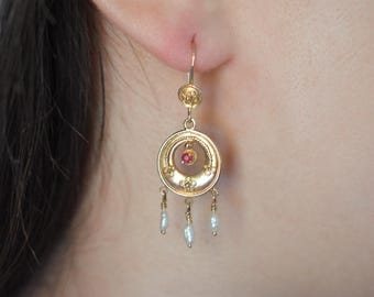 Natural Ruby Earrings, 14K Gold Pearl Huggie Hoop Earrings, Minimalist Birthstone Hoop Earrings