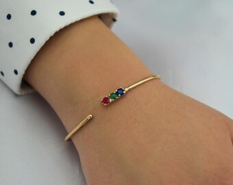 14K Gold Bracelet with Natural Ruby-Emerald-Sapphire,Dainty Cuff Bangle,Perfect Gift for Her,Minimalist Bracelet,Wedding & Engagement Jewel