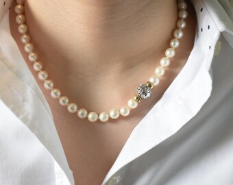 14K Solid Gold Pearl Necklace,Natural Pearl Necklace,Bridal Pearl Choker,Bridesmaid Necklace,14K White Gold Clasp,Gift for Her
