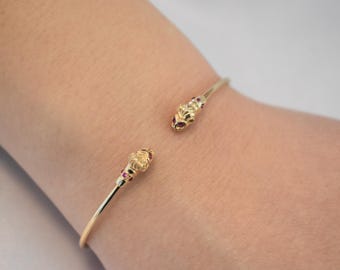 14K Gold Lion Head Bracelet with Gemstone Eyes,Ancient Greek Lion Bracelet,Unisex Bracelet,Animal Bangle,Symbol of Strength,Gift for Her