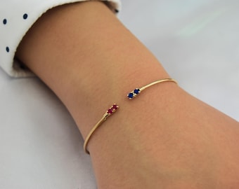 14K Gold Birthstone Cuff Bangle Bracelet,Natural Ruby and Sapphire Bracelet,Exclusive Minimalist Bracelet,Wedding & Engagement Gift for Her