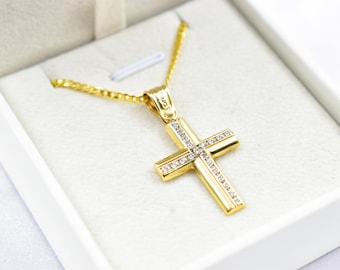 14K Gold Cross Pendant with Zircon Stones | Handcrafted Christian Jewellery | Minimal Design Cross | Women’s Men’s Gold Cross ,Baptism Gift