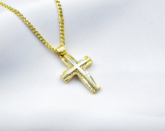 14K Solid Gold Embossed Cross Necklace with Zircon,Christian Pendant, Religious Gold Cross,14K Gold Baby Shower Cross Charm,Protective Gift