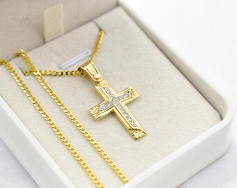 14K Solid Gold Cross Pendant with Zircon Stones – Unisex Baptism Religious Necklace Gift for Him or Her
