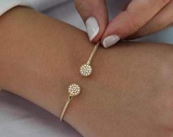 14K Gold Round Bangle Bracelet,Bridal & Engagement Bracelet,Tiny Sun Bracelet,Bezel Bangle,Bracelet For Women,14K Dianty Gold Bracelet