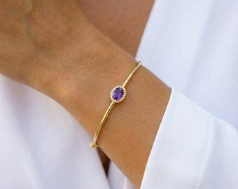 14K Gold Bangle Bracelet,Amethyst,Gold Zircon Bracelet,Dainty Bangle Bracelet in Gold,Perfect Gift for Mom and Her,Minimalist Cuff Bracelet