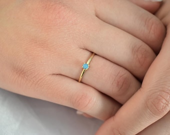 14K Solid Gold Thin Minimalist Ring–Round Turquoise, Stackable Jewellery Gold Ring,14K Wedding & Engagement Stacking Ring, Ring for Her