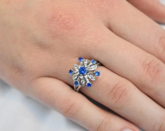 14K Solid Gold Ring Blue and White Zircon,Vintage Retro Ring,Engagement & Wedding Gold Ring,Statement Ring,Stackable Gold Ring,Gift for Her