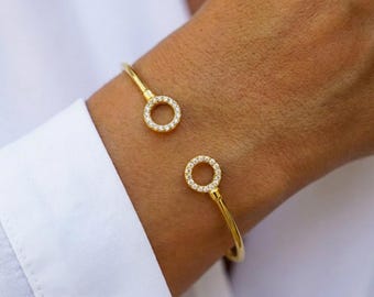 14K Gold Circle Bangle Bracelet,Open Circle Gold Bracelet,Dainty Diamond Bangle, Zircon Bangle Gift for Her,Adjustable Bracelet,Gift for Her